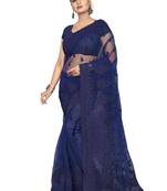 Blue Embroidered Net Saree With Blouse