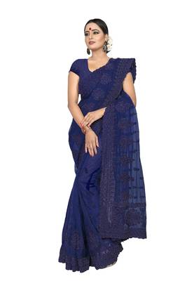 Blue Embroidered Net Saree With Blouse 2