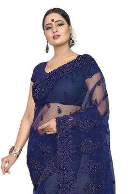 Blue Embroidered Net Saree With Blouse 3