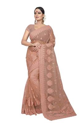 Beige Embroidered Net Saree With Blouse 1