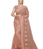 Beige Embroidered Net Saree With Blouse