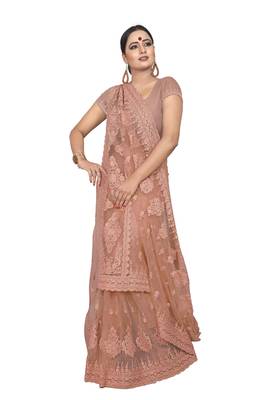 Beige Embroidered Net Saree With Blouse 2
