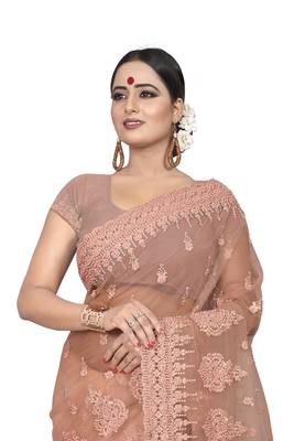 Beige Embroidered Net Saree With Blouse 3