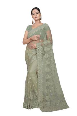 Grey Embroidered Net Saree With Blouse 1