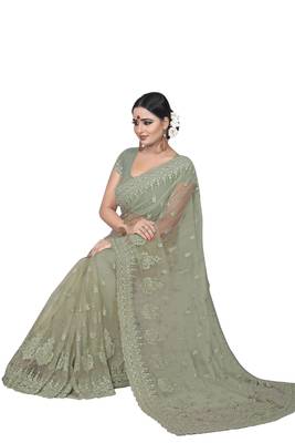 Grey Embroidered Net Saree With Blouse 2