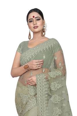 Grey Embroidered Net Saree With Blouse 3
