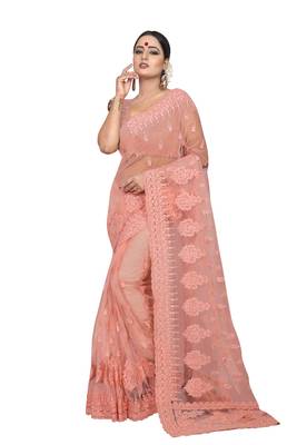 Peach Embroidered Net Saree With Blouse 1