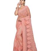 Peach Embroidered Net Saree With Blouse
