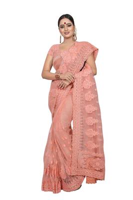Peach Embroidered Net Saree With Blouse 2