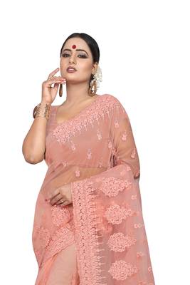 Peach Embroidered Net Saree With Blouse 3