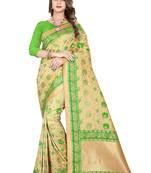 Beige embroidered banarasi silk saree with blouse