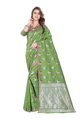 Green embroidered banarasi silk saree with blouse 1