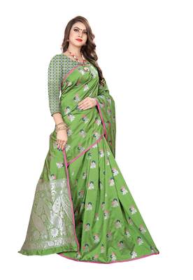 Green embroidered banarasi silk saree with blouse 2