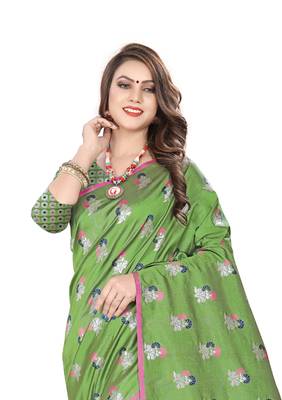 Green embroidered banarasi silk saree with blouse 3