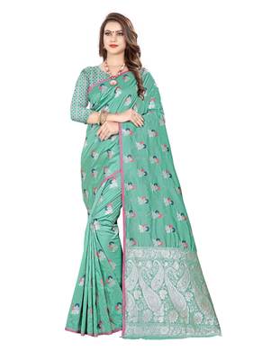 Sea green embroidered banarasi silk saree with blouse 1
