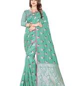 Sea green embroidered banarasi silk saree with blouse