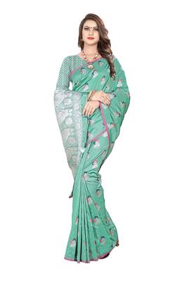 Sea green embroidered banarasi silk saree with blouse 2