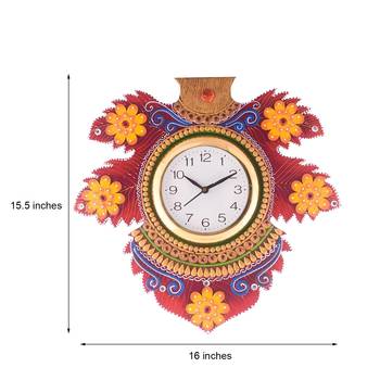 Floral Lead Shape Wooden Handcrafted Wooden Wall Clock (H - 15.5 Inch) 3