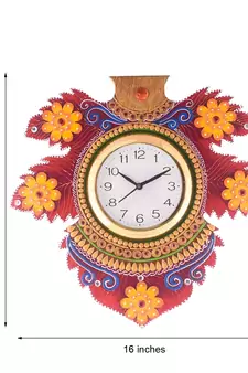 Floral Lead Shape Wooden Handcrafted Wooden Wall Clock (H - 15.5 Inch)