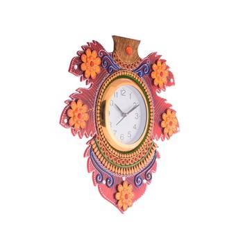Floral Lead Shape Wooden Handcrafted Wooden Wall Clock (H - 15.5 Inch) 5
