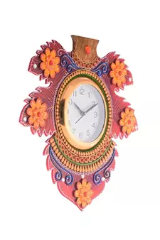 Floral Lead Shape Wooden Handcrafted Wooden Wall Clock (H - 15.5 Inch)