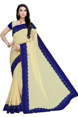 Beige embroidered georgette saree with blouse 1