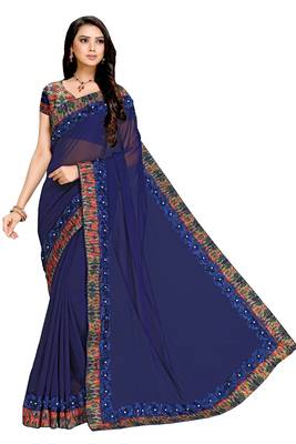 Navy blue embroidered georgette saree with blouse 1