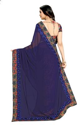 Navy blue embroidered georgette saree with blouse 2