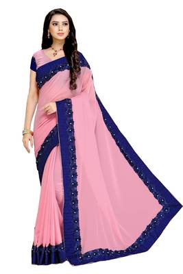 Pink embroidered georgette saree with blouse 1