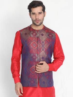 Red Woven Silk Blend Nehru Jacket 1