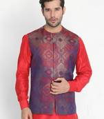 Red Woven Silk Blend Nehru Jacket