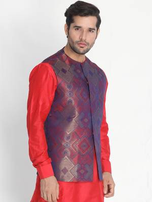 Red Woven Silk Blend Nehru Jacket 2