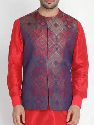 Red Woven Silk Blend Nehru Jacket 3