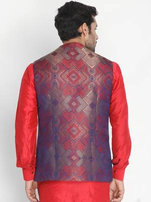 Red Woven Silk Blend Nehru Jacket 4