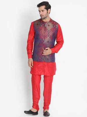 Red Woven Silk Blend Nehru Jacket 5