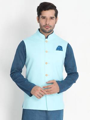 Blue Woven Cotton Nehru-Jacket 1