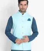 Blue Woven Cotton Nehru-Jacket