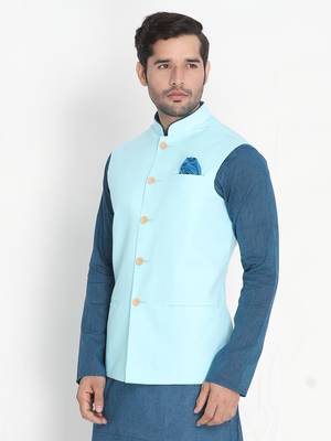 Blue Woven Cotton Nehru-Jacket 2