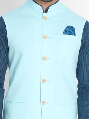 Blue Woven Cotton Nehru-Jacket 3