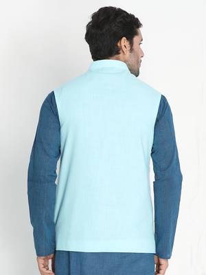 Blue Woven Cotton Nehru-Jacket 4