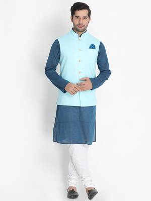 Blue Woven Cotton Nehru-Jacket 5