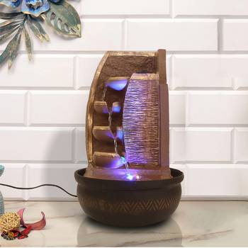 Brown Designer 4 Step Golden Finish Polyresin Water Fountain With Led Lights 16.5 X 10.5 Inch 1