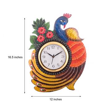 Exotic and Stylish Colorful Peocock Wooden Handcrafted Wooden Wall Clock (H - 16.5 Inch) 3