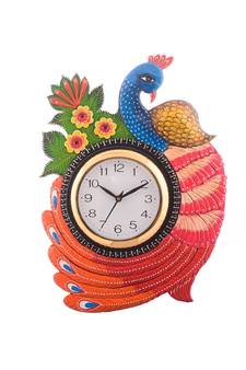 Exotic and Stylish Colorful Peocock Wooden Handcrafted Wooden Wall Clock (H - 16.5 Inch)