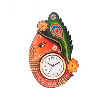 Turban Lord Ganesha Coloful Wooden Handcrafted Wooden Wall Clock (H - 18Inch) 1