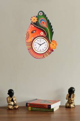 Turban Lord Ganesha Coloful Wooden Handcrafted Wooden Wall Clock (H - 18Inch) 2