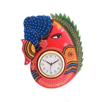 Turban Lord Ganesha Coloful Wooden Handcrafted Wooden Wall Clock (H - 18Inch) 1