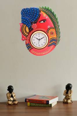 Turban Lord Ganesha Coloful Wooden Handcrafted Wooden Wall Clock (H - 18Inch) 2