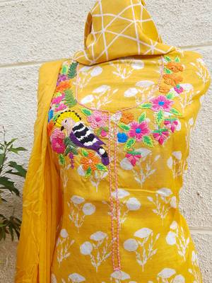 yellow Muslin Silk Unstitched Suit Fabrics 2