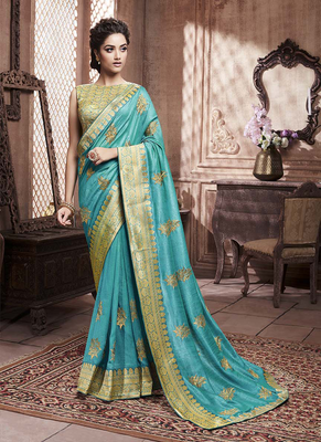 Blue woven art silk saree with blouse 1